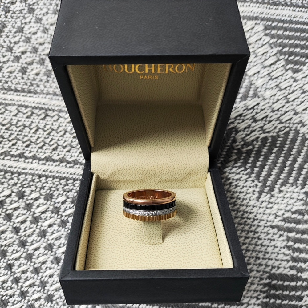Boucheron Men's Tri-Tone Band Ring — Rose Gold, Black & Silver